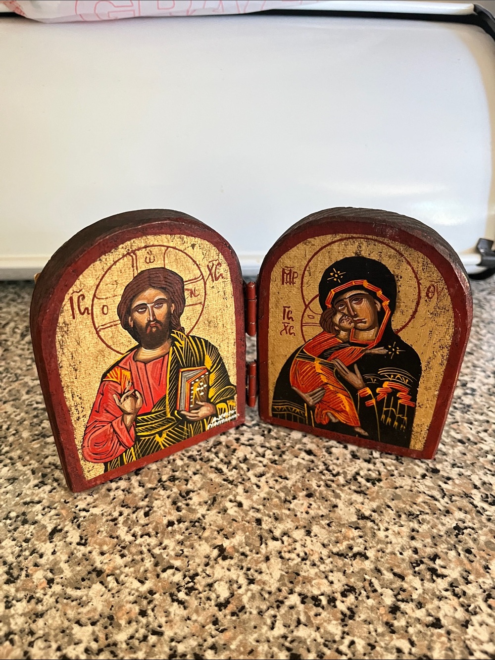 Hand-Painted Red and Gold Religious Icon Diptych - Unbranded